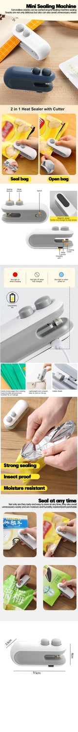 USB-C Rechargeable Mini Bag Sealer | 2-in-1 Handheld Heat Sealer & Cutter for Food Storage | Portable Plastic Bag Closer with Magnetic Back