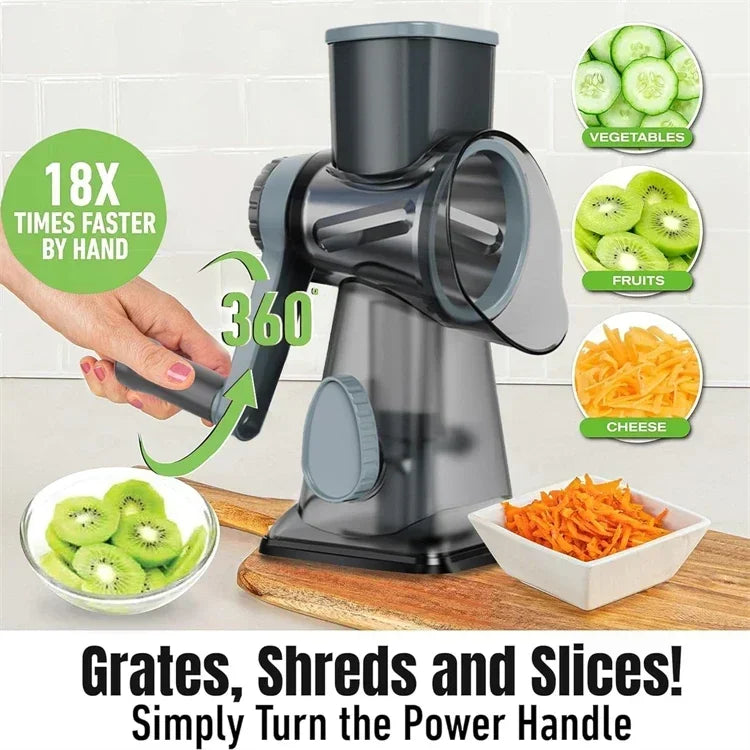 3-in-1 Rotary Cheese Grater & Vegetable Slicer – Manual Stainless Steel Kitchen Cutter Tool