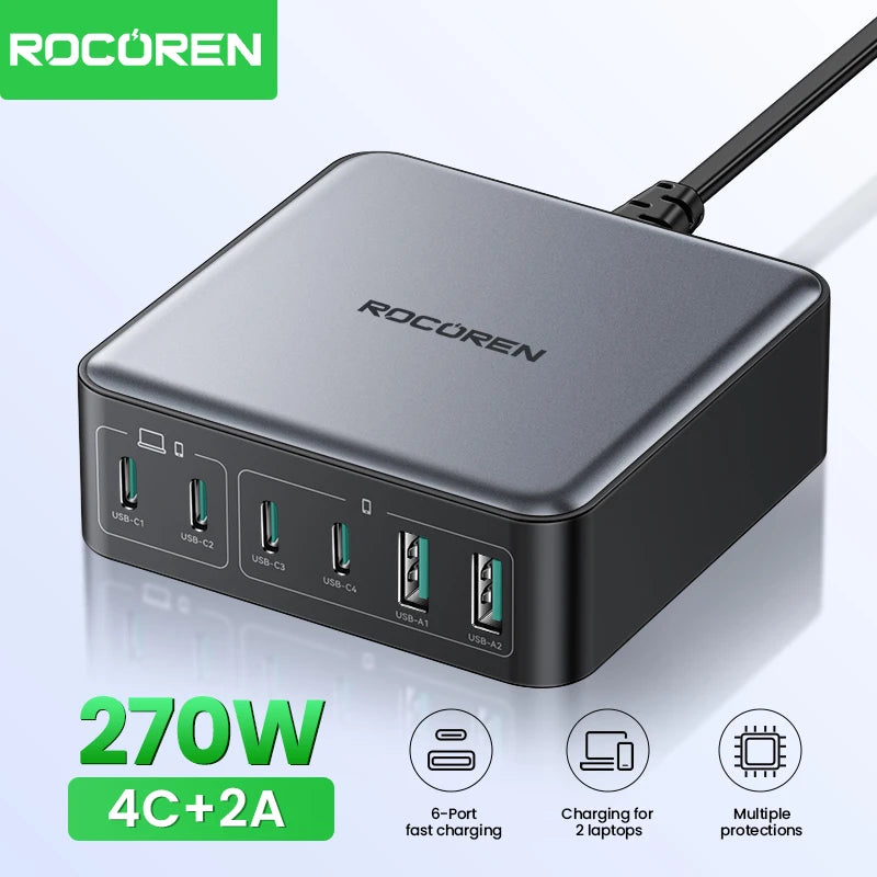 200W GaN Desktop Charging Station - 5-Port Fast Charger with PD 3.0, QC 4.0 & Huawei SuperCharge | Compatible with Laptop, Phone, Tablet & More